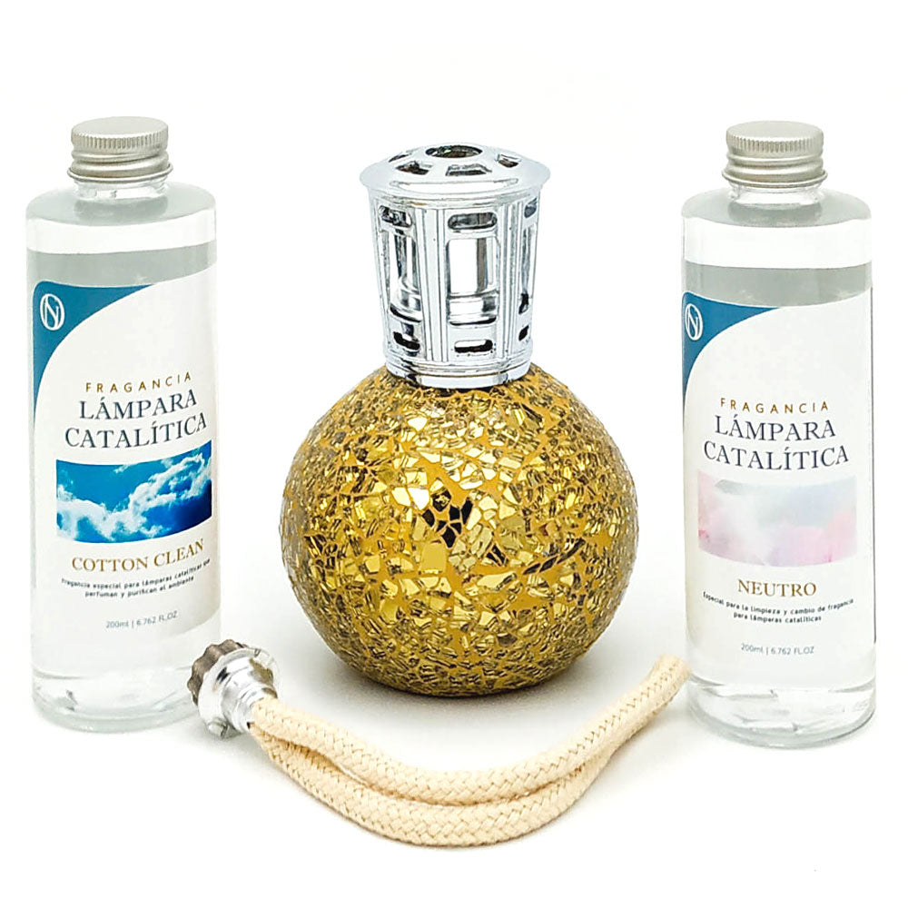 Pack Ahorro Lámpara Catalítica Mosaico Dorado + Fragancia Cotton Clean 200ml + Limpiador Neutro 200ml + Mecha Repuesto_0