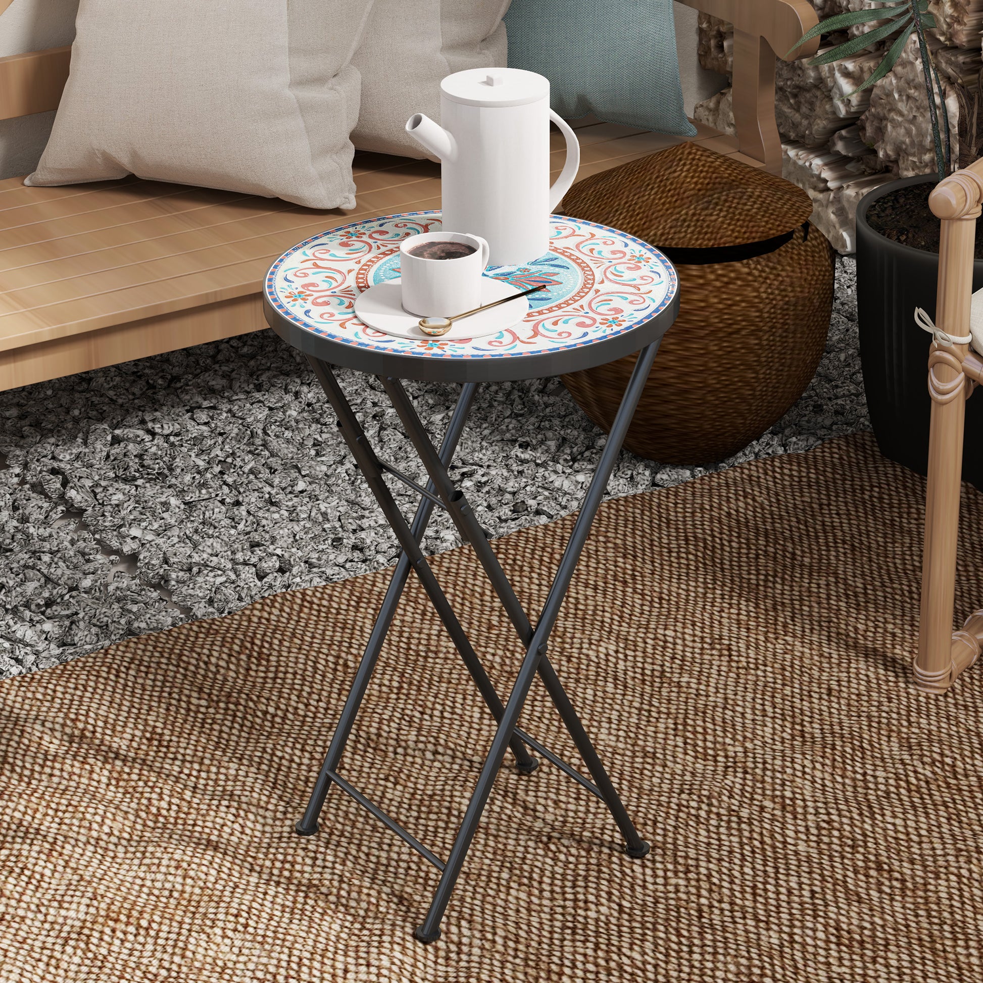 Outsunny Mesa Auxiliar Redonda Plegable Con Encimera De Mosaico Multicolor_3