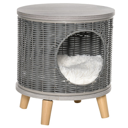 Pawhut Cueva Para Gatos Ratán Ø36x40,5cm Cojín Lavable Patas De Madera Extraíble_0