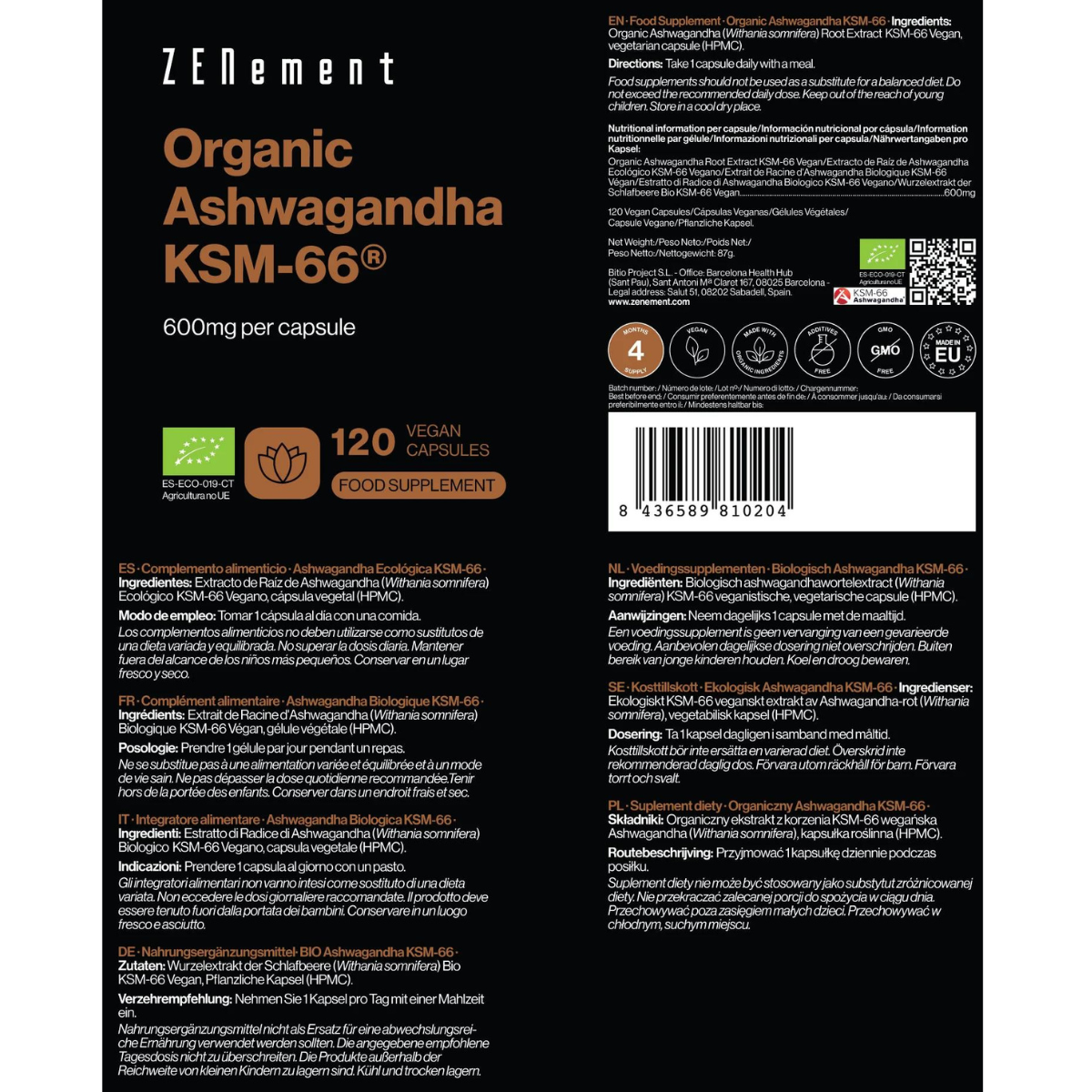 Ashwagandha ECO KSM-66 vegan Zenement 120 comprimidos