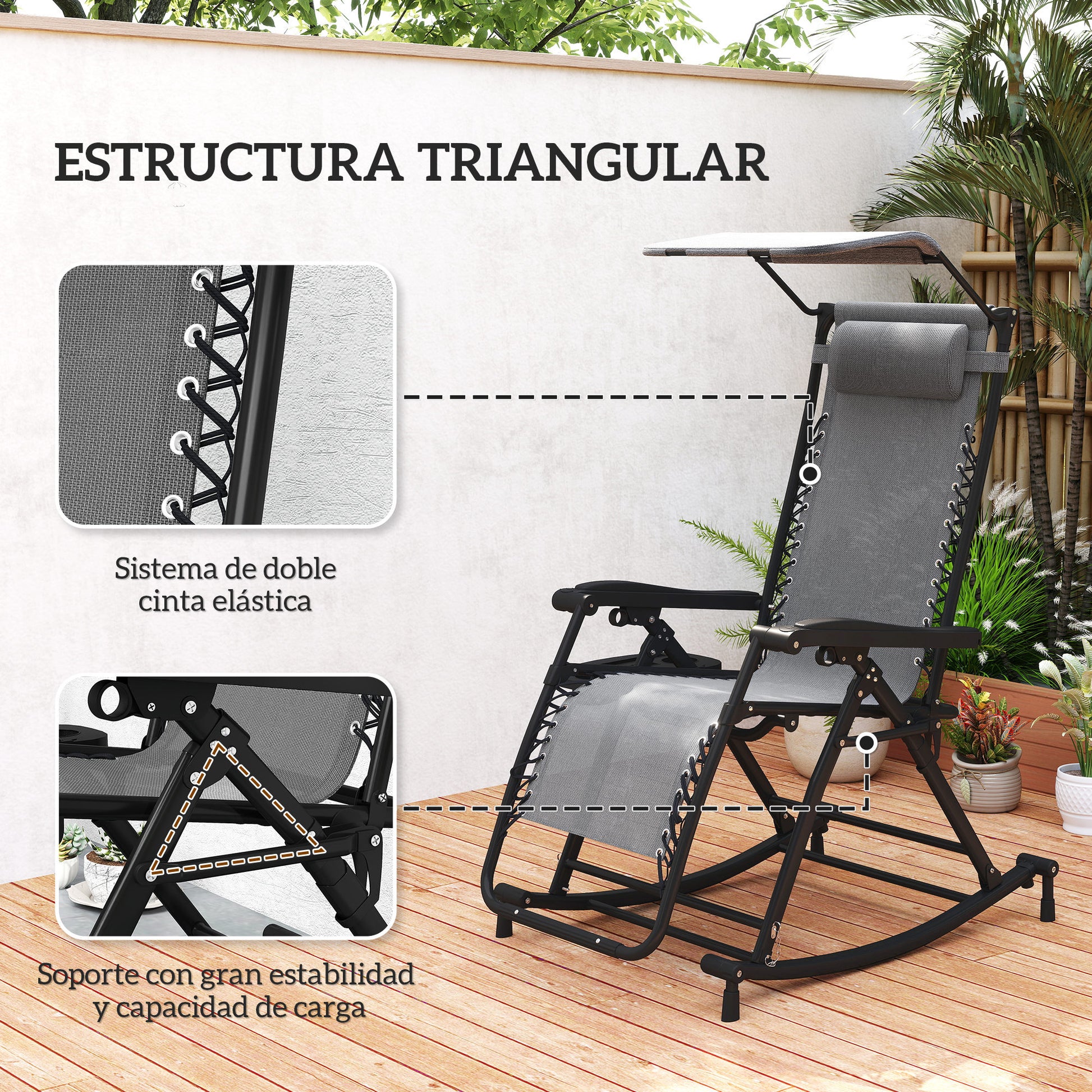 Outsunny Silla Mecedora De Jardín Plegable Con Techo Reposacabezas Extraíble_5