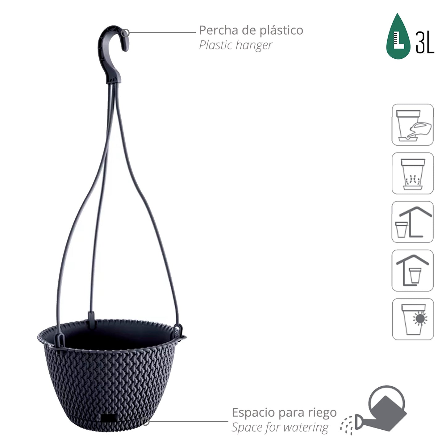 Macetero Colgante Splofy Round W 3l., Dimensiones (mm) 230x230x145, Color Antracita