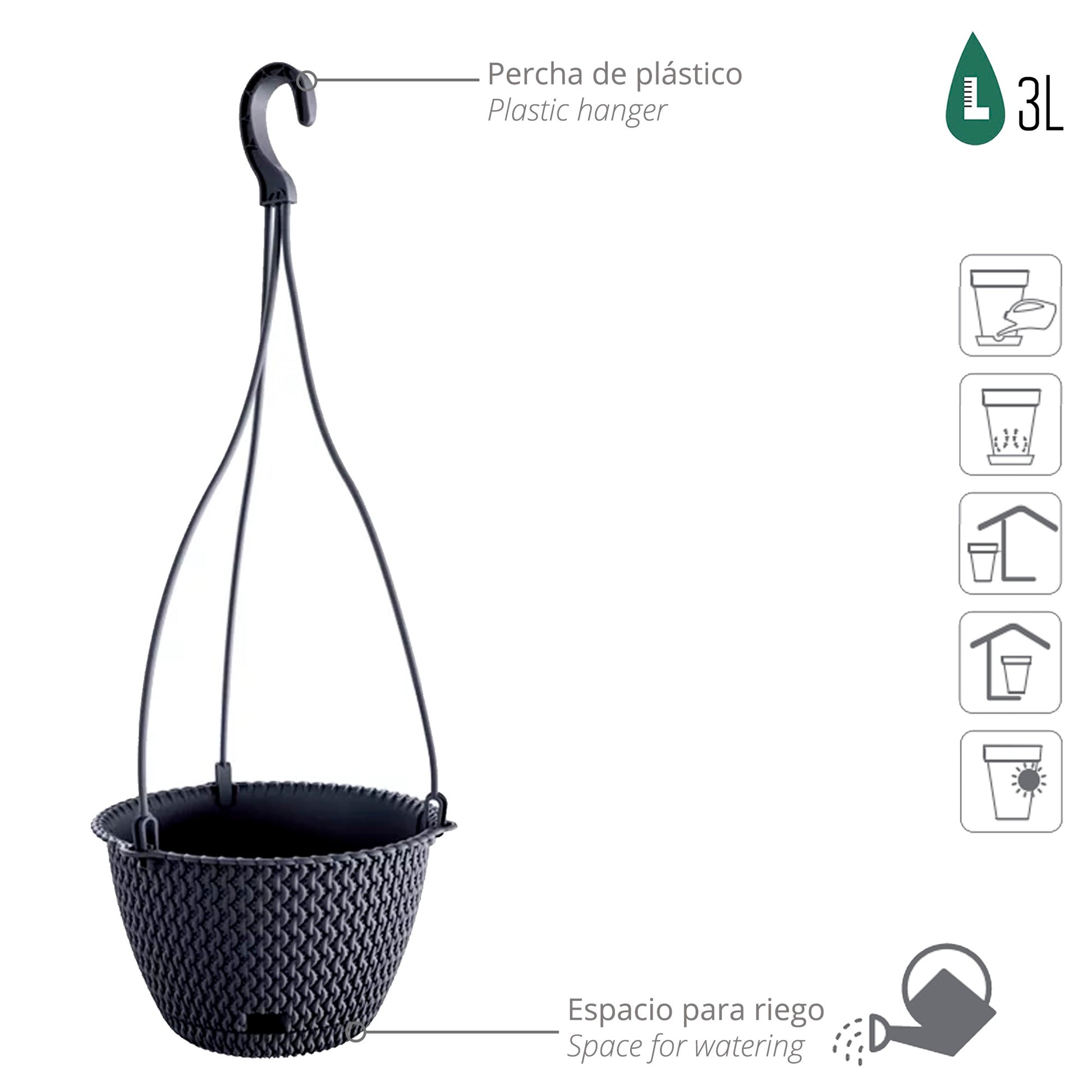 Macetero Colgante Splofy Round W 3l., Dimensiones (mm) 230x230x145, Color Antracita