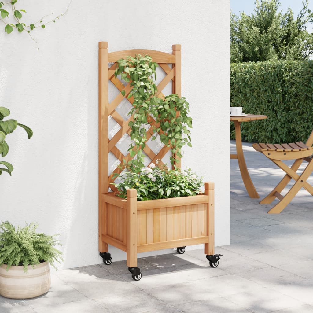 Jardinera Con Enrejado Y Ruedas Madera Maciza De Abeto Marrón_2