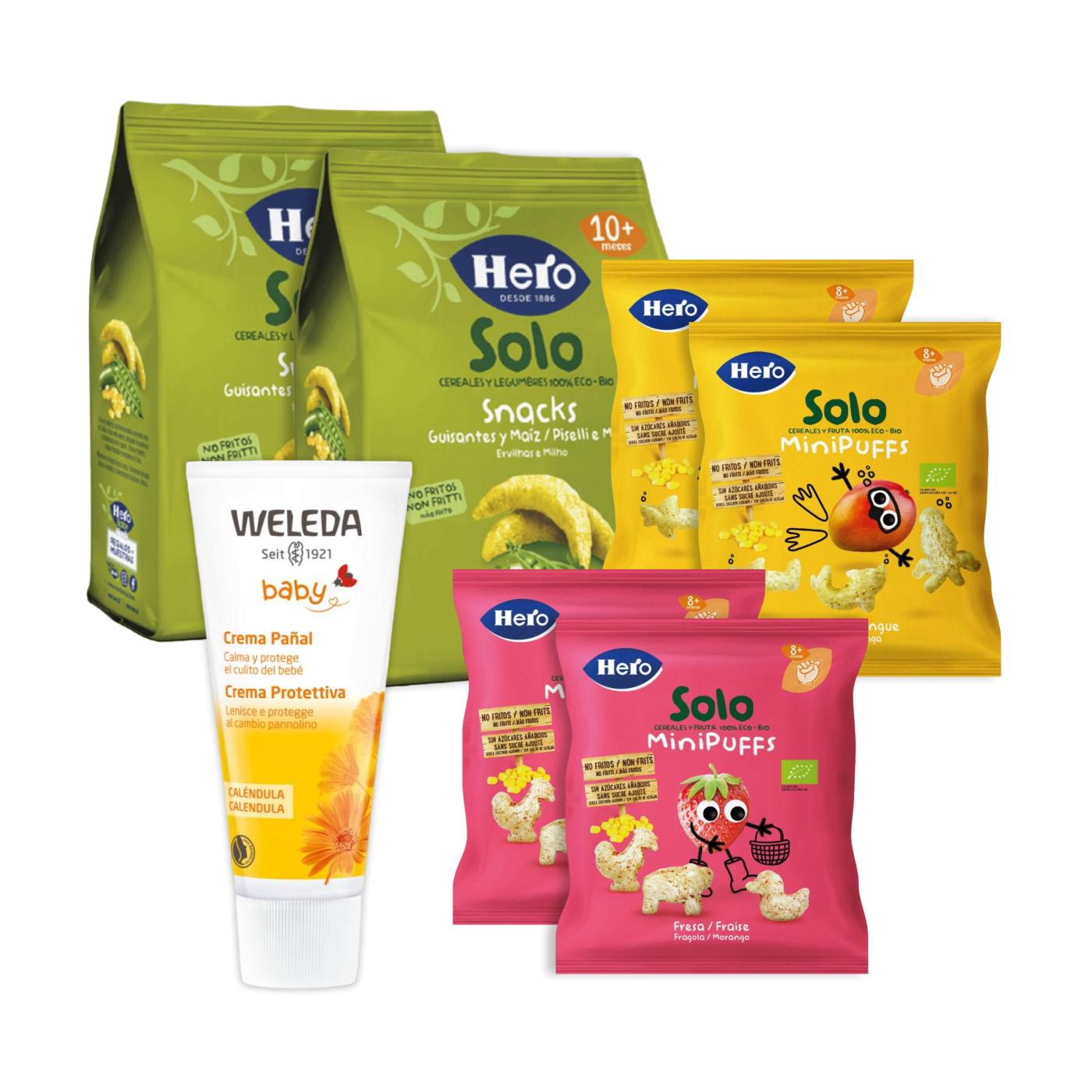 Pack de 2 snacks Hero de manga + 2 snacks Hero de ervilha e milho + 2 snacks Hero de morango + creme para fraldas de calêndula Weleda