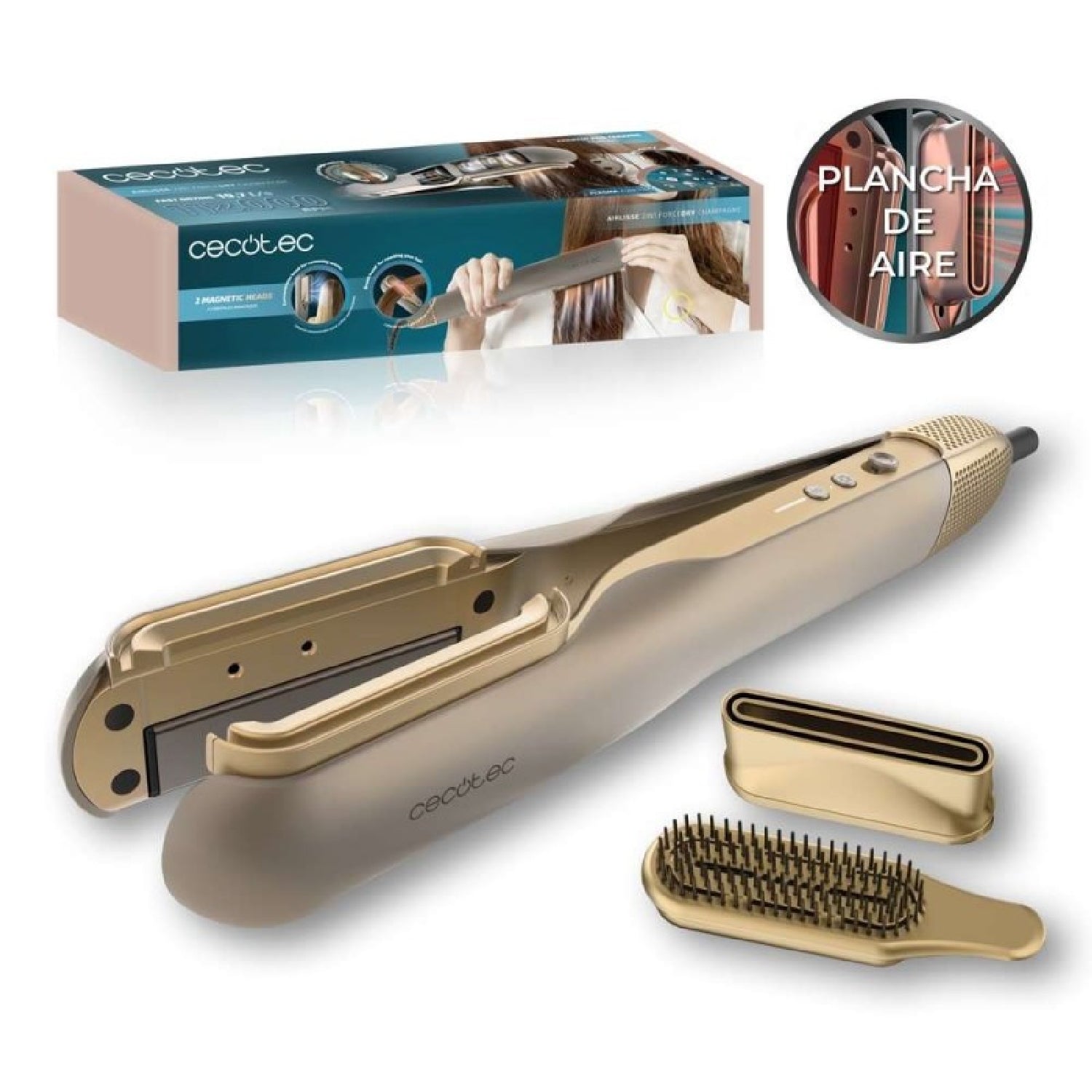 Cecotec Plancha De Pelo Con Aire Airlisse 2in1 Forcedry Champagne. 1000w, Flujo De Aire 19,7m/s, 2 Cabezales Imantados_0
