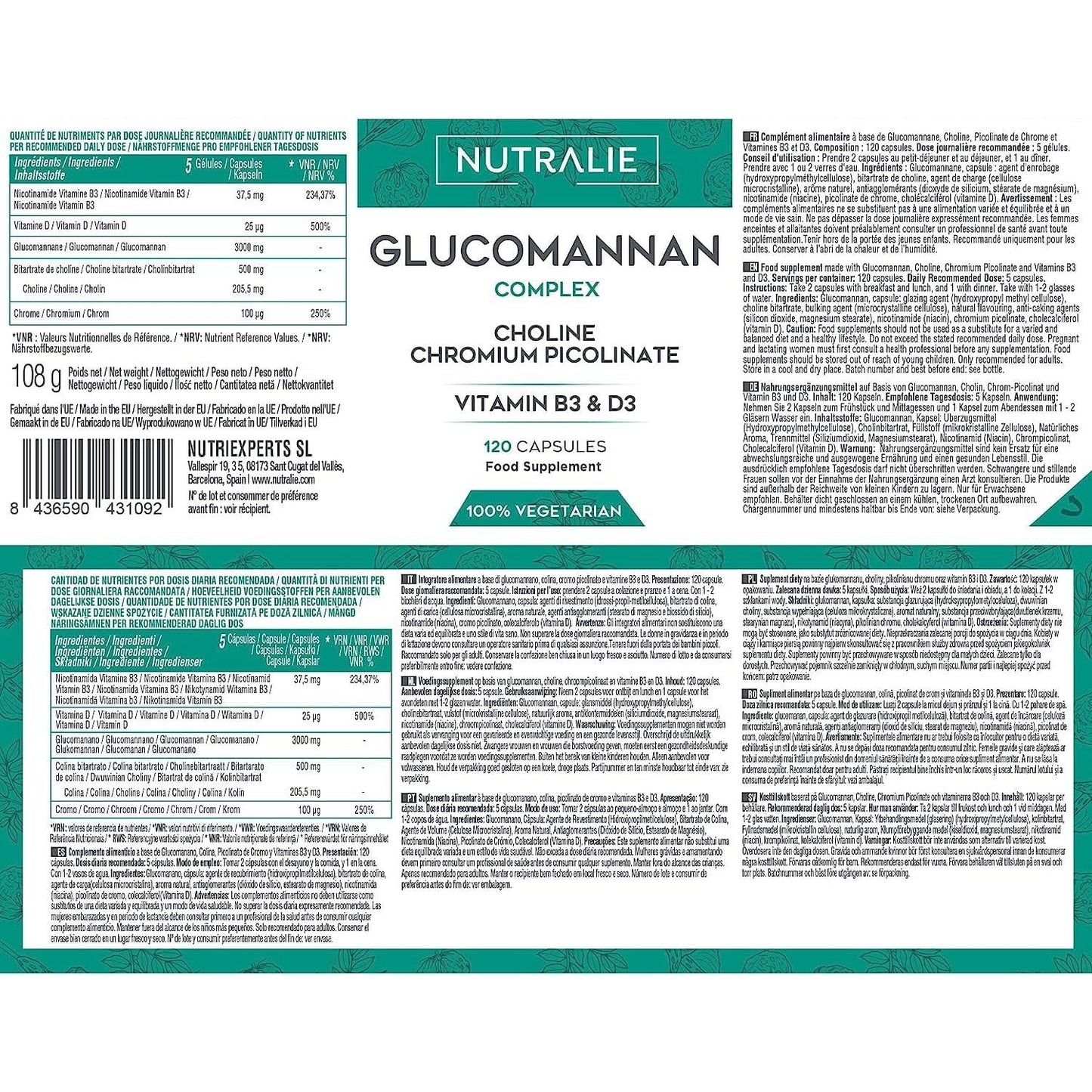 Nutralie Glucomannan com Colina + B3 + D3 Emagrecimento 120 cápsulas
