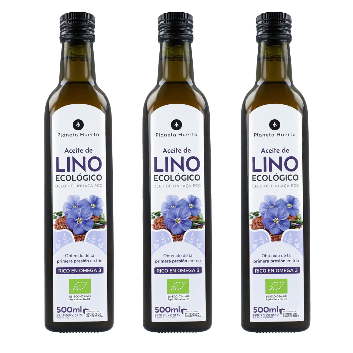 Embalagem de 3 Óleos de Linhaça Prensados ​​a Frio Planeta Huerto ECO 500 ml