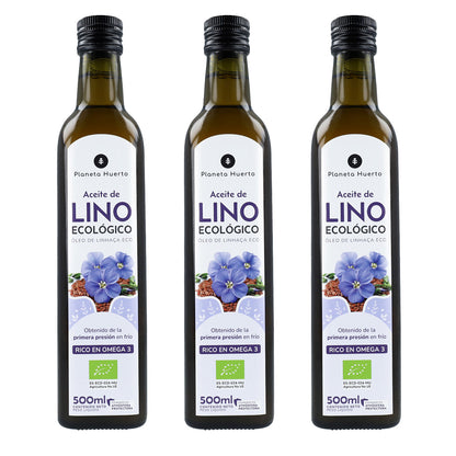 Embalagem de 3 Óleos de Linhaça Prensados ​​a Frio Planeta Huerto ECO 500 ml