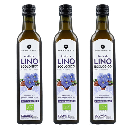 Embalagem de 3 Óleos de Linhaça Prensados ​​a Frio Planeta Huerto ECO 500 ml