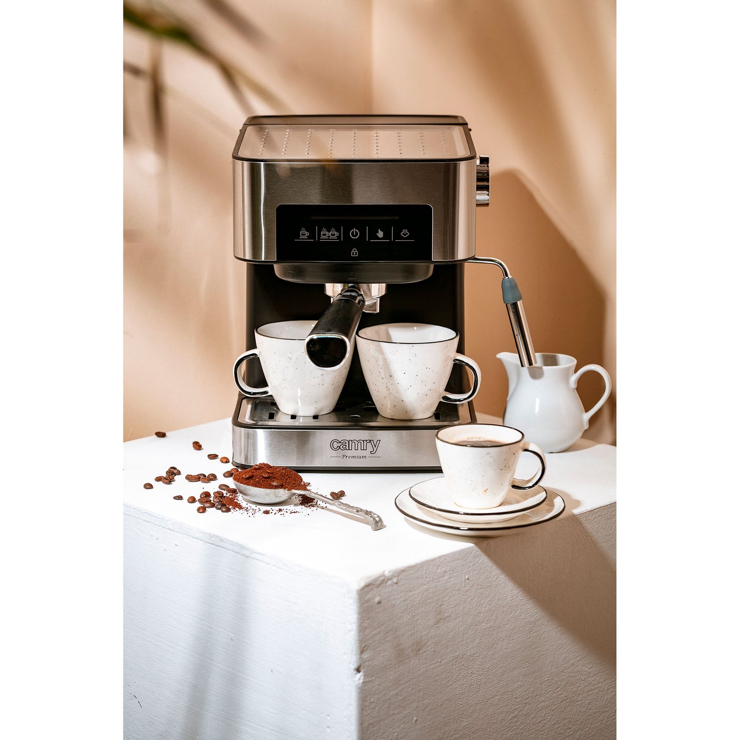Cafetera Espresso Automática 15 Bares 1,6l, Brazo Doble Salida, Espumador Leche, Calienta Tazas Camry Cr4410 Negro/plata_2