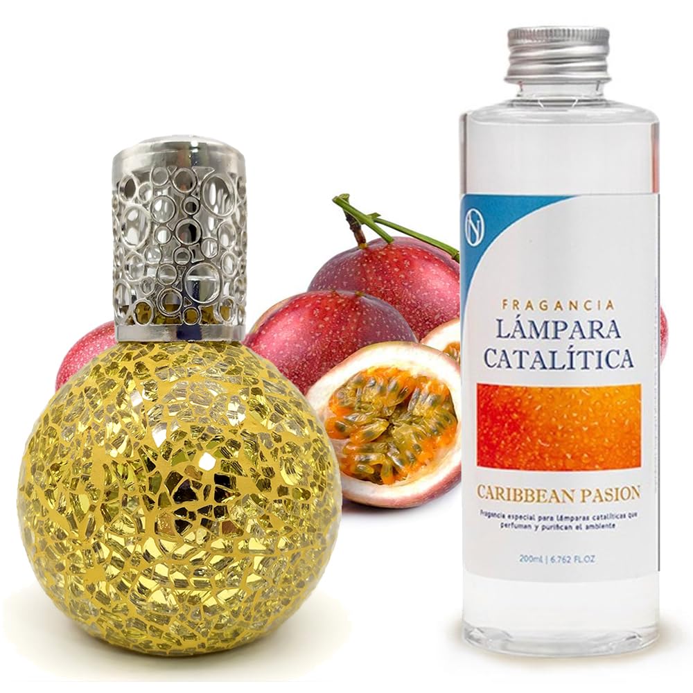 Lámpara Catalítica Mosaico Dorado + Aroma Caribbean Passion 500ml - Elimina Malos Olores, Impurezas Y Perfuma_0