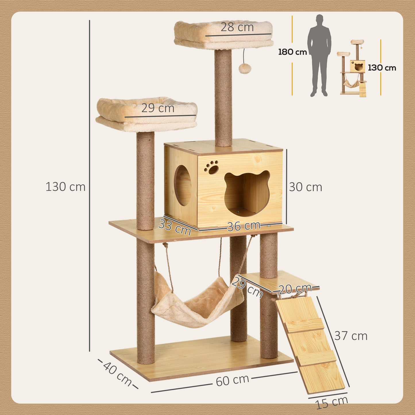 Pawhut Árbol Rascador Para Gatos Altura 130cm Con Postes De Yute Camas Amarillo_2