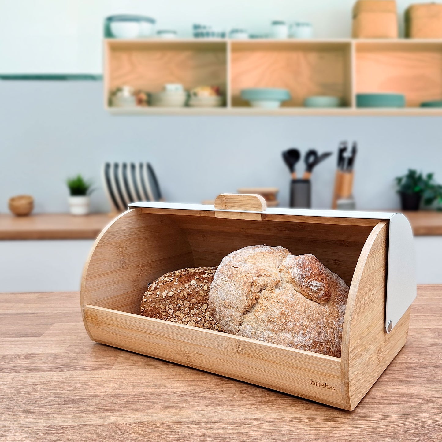 Panera Para Guardar Pan De Mesa Madera Bambú, Tapa Deslizante Bread Box Almacenamiento Bollería, Briebe, Bb1162, Blanco_2