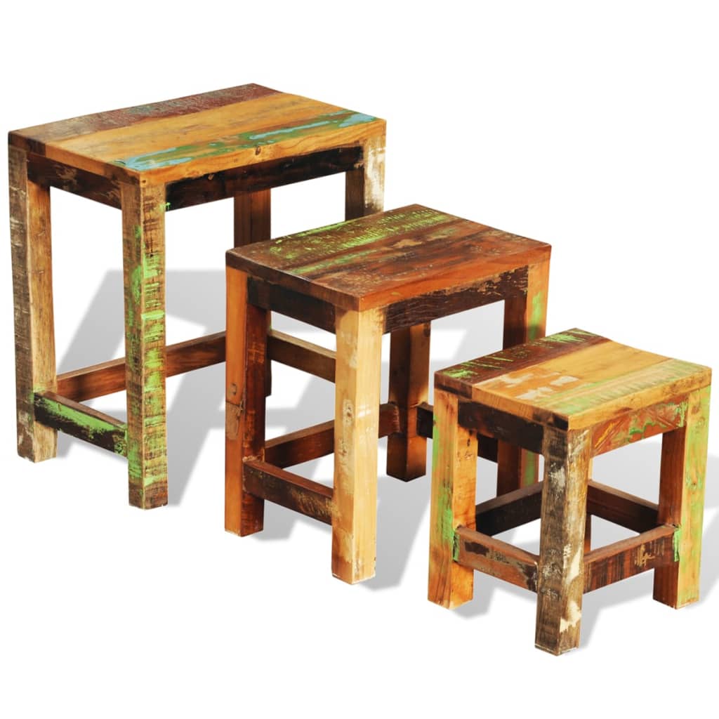 Juego De Mesas Apilables Vintage 3 Piezas Madera Reciclada_3