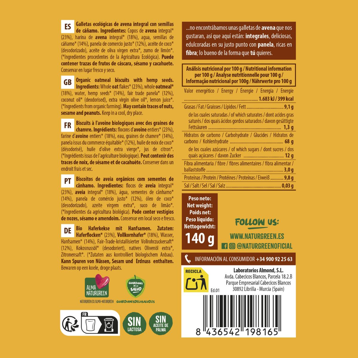 Biscoito de Aveia Integral com Cânhamo Biológico NaturGreen 140 g