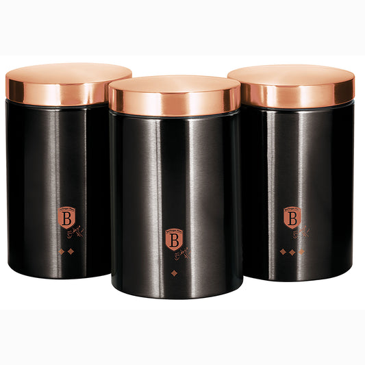Set 3 Botes Cocina Almacenaje Acero Inoxidable, Diseño Moderno, Ø11x17,8cm Especias, Té ,café Berlinger Haus Black Rose, Oro Rosado/negro_0