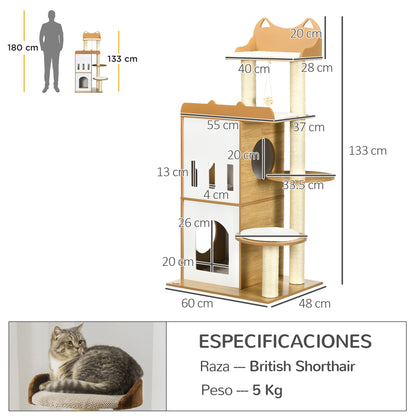 Pawhut Árbol Rascador Para Gatos 133 Cm Con Nidos Plataformas 60x48x133 Cm Roble_2
