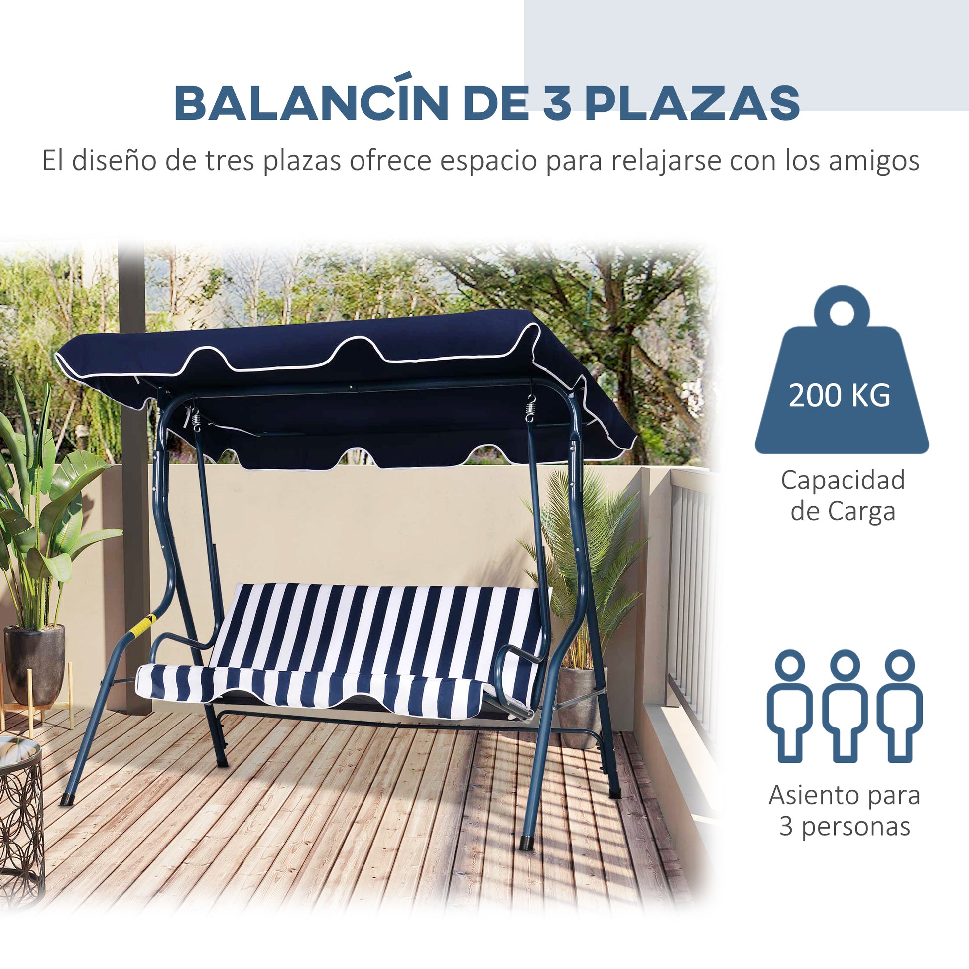Outsunny Columpio Balancín Jardín 2-3 Plazas De Metal Con Techo Ajustable Azul_5