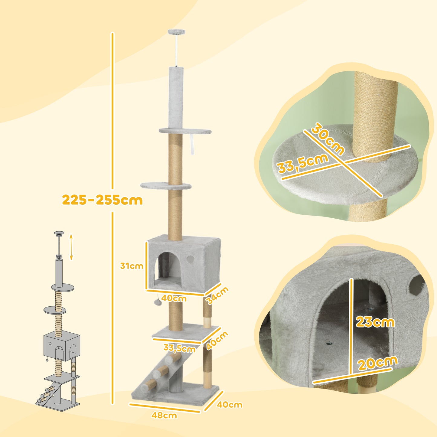Pawhut Árbol Para Gatos De Suelo A Techo De 225-255 Cm Con Escalera Gris Claro_2