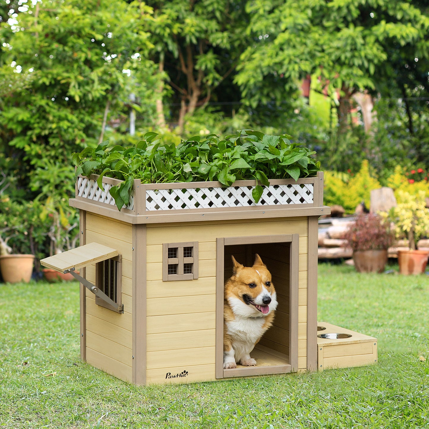 Pawhut Casa Para Perros Madera Con 2 Ventanas Comedero 2 Cuencos Mesa De Cultivo_1
