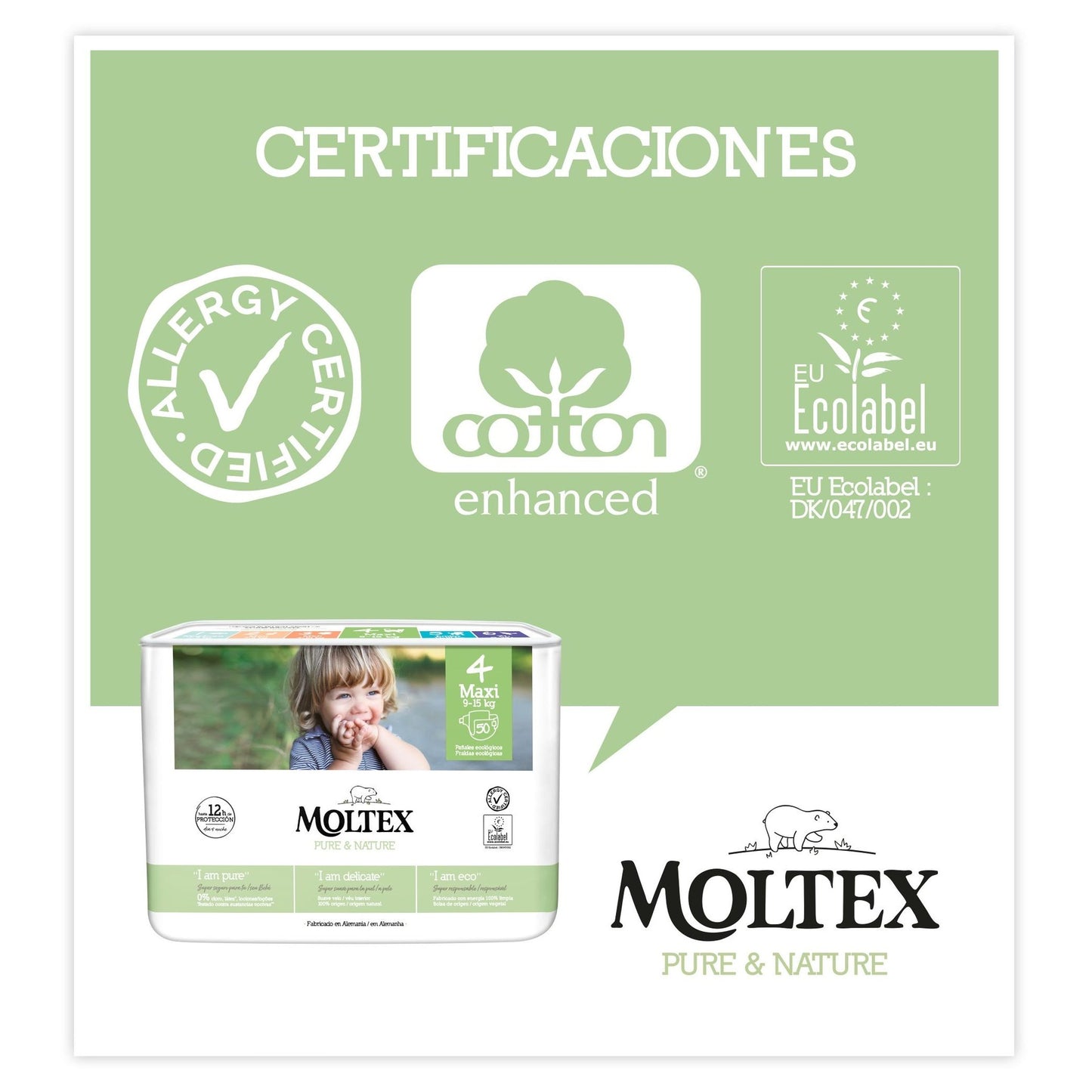 Fraldas Moltex Pure &amp; Nature T4 (9-15 kg), 50 unidades