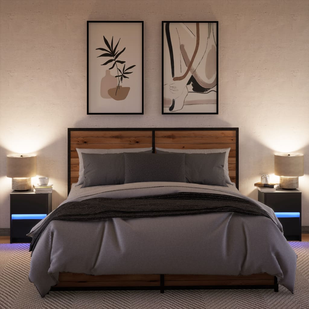 Mesitas De Noche Con Luces Led 2 Uds Madera Ingeniería Negra_3