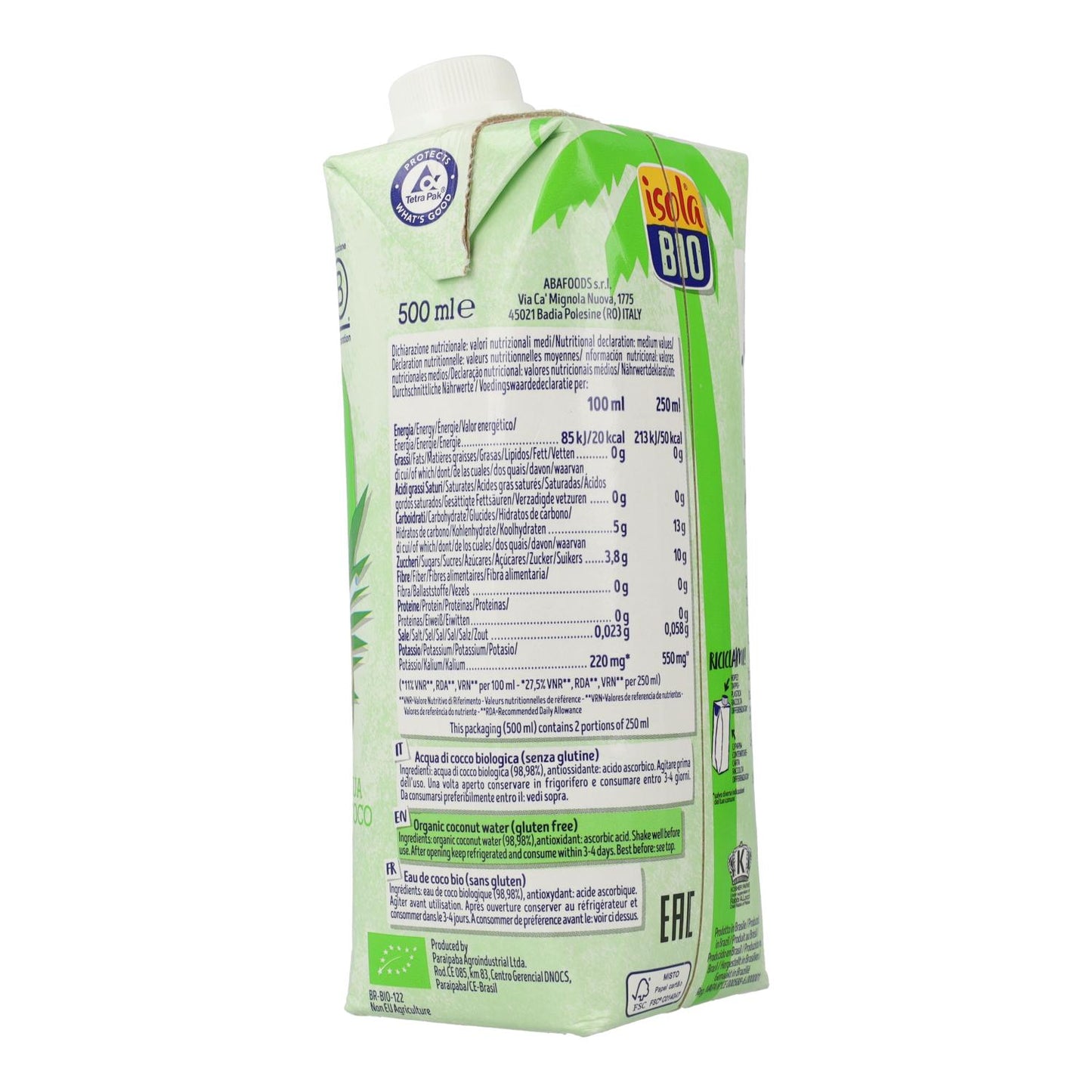 Embalagem de 6 Água de Coco Biológica Isola Bio 500 ml
