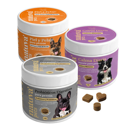 Pack Probiótico + Calmante + Aceite De Salmón Para Perros. Suplementos Mascotas. 360 Masticables. Natuva Pets_0