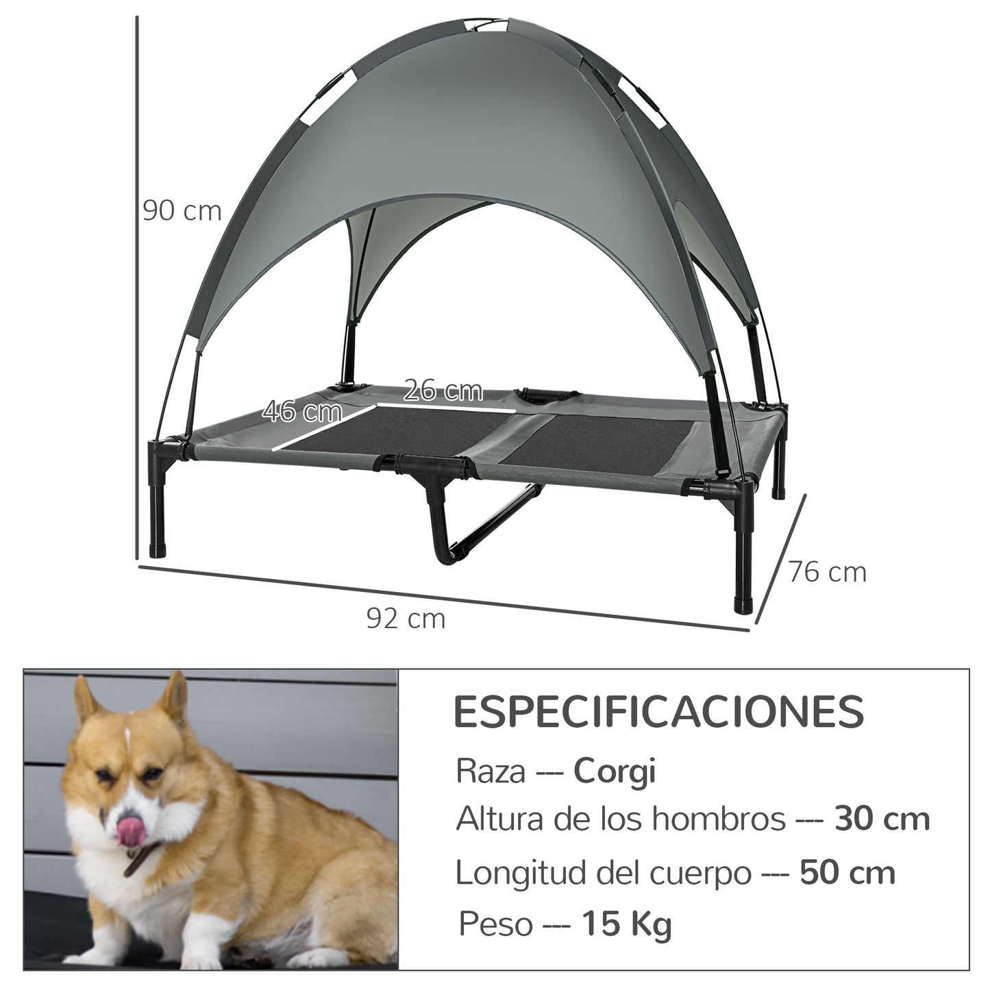 Pawhut Cama Elevada Para Mascotas Portátil Con Toldo Extraíble Exterior 92x76x90_2