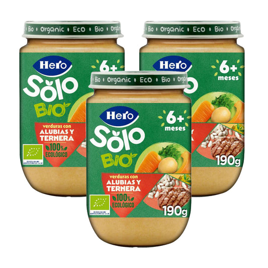 Embalagem de 3 frascos de feijão e carne, Eco +6 meses, Hero Baby SOLO, 190 g