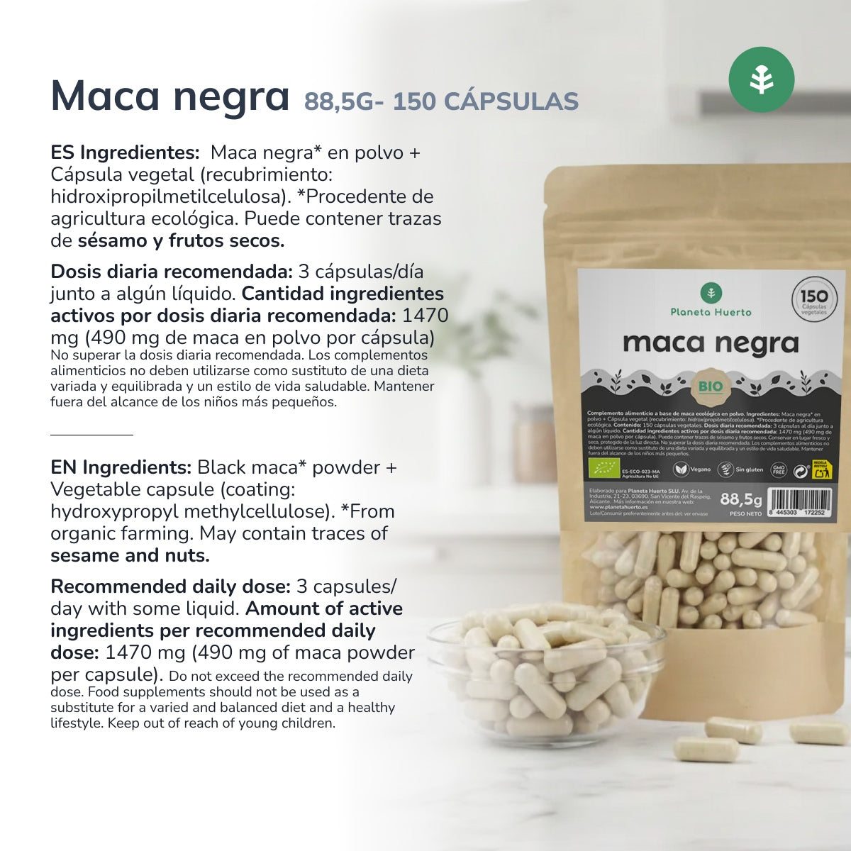 ORGANIC Black Maca Planeta Huerto 150 cápsulas