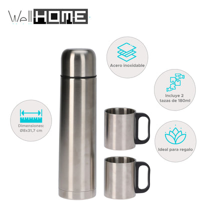 Well Home Termo De Acero Inoxidable 1l Modelo Bullet - Incluye 2 Tazas De 180ml_1