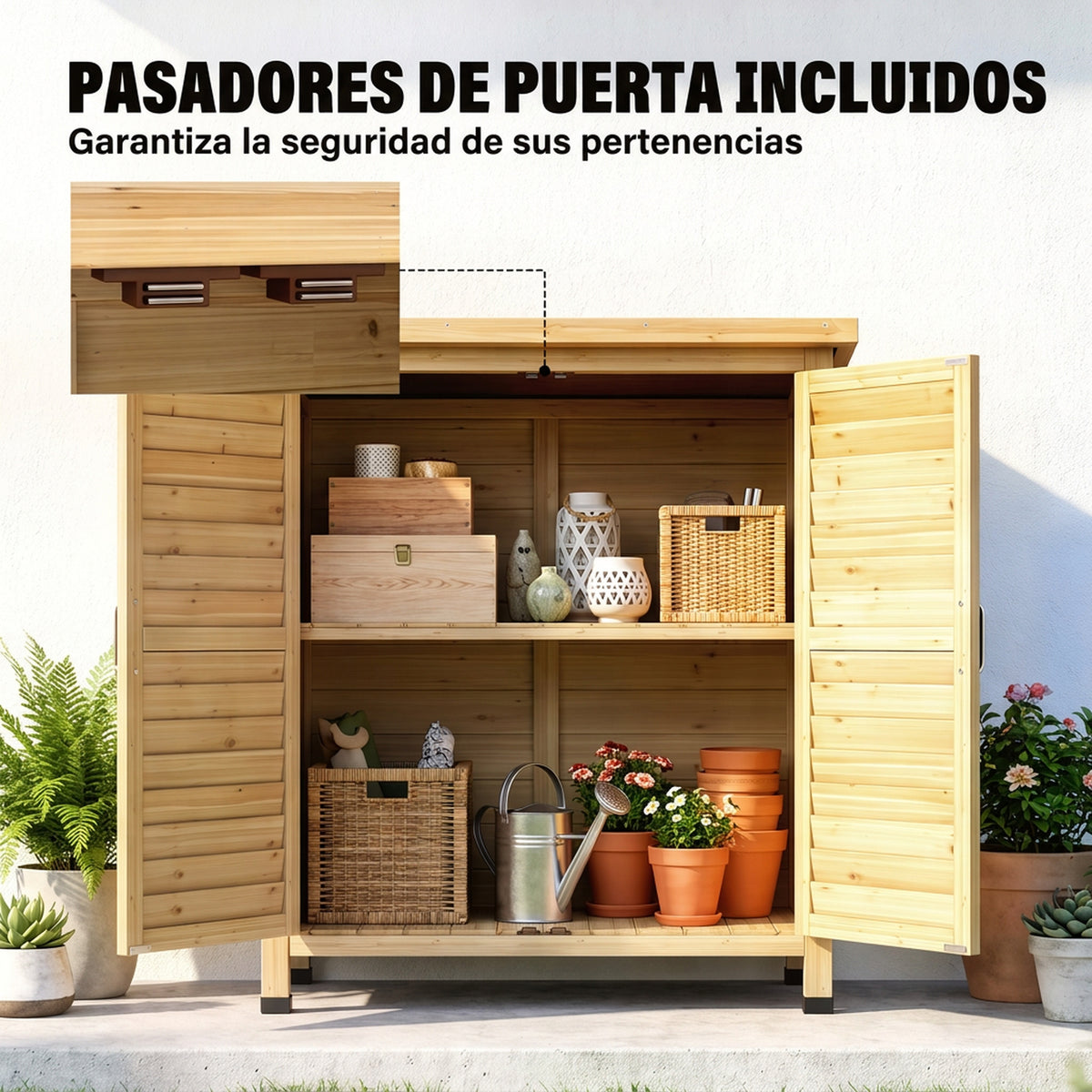 Outsunny Cobertizo Almacenamiento Madera Jardín 2 Estantes Interiores Natural_5