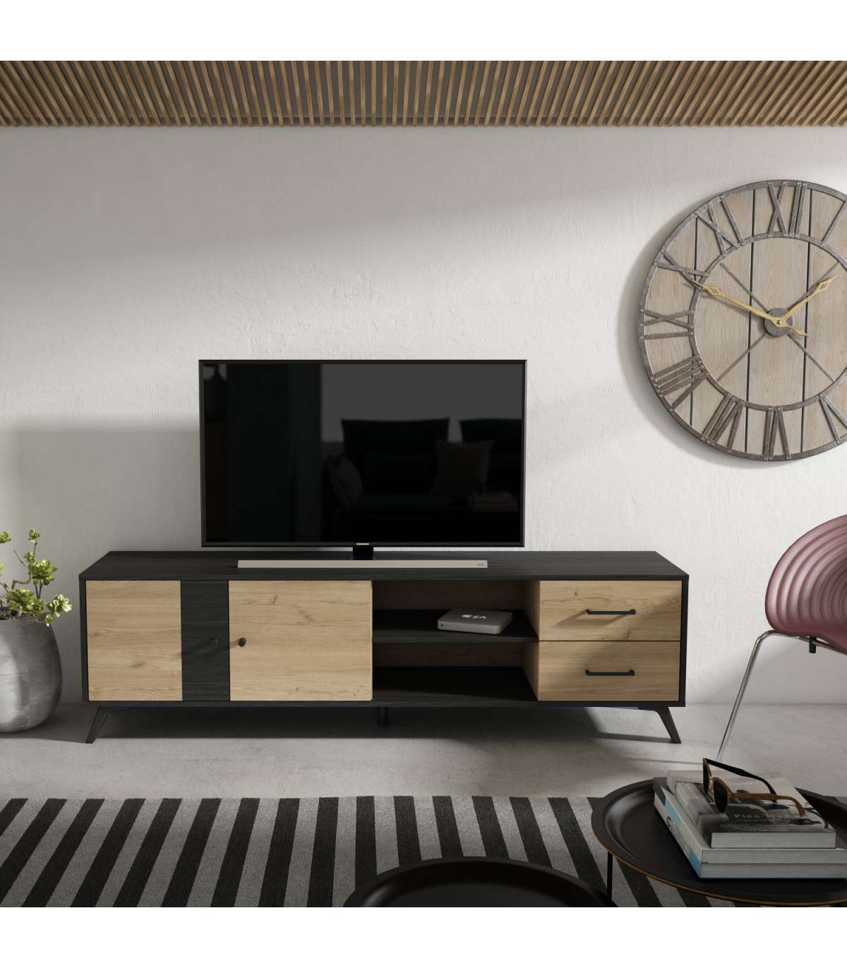 Mueble Para Televisión Modelo Berta 2 Puertas 2 Cajones Acabado Natural/bocamina, 180.5cm_2
