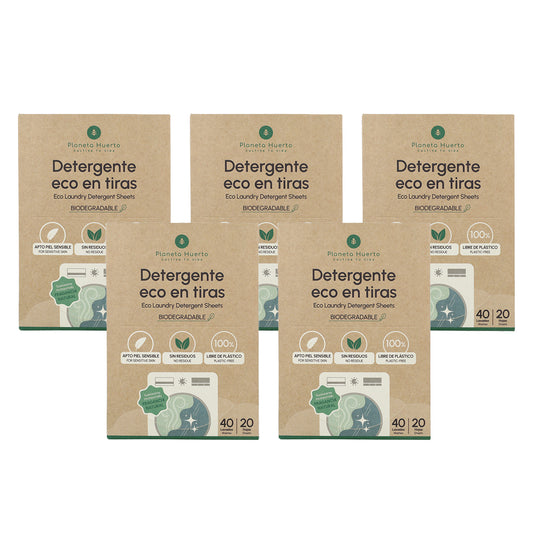 Embalagem de 5 Eco-Strips para detergente e amaciador Planeta Huerto 40 lavagens
