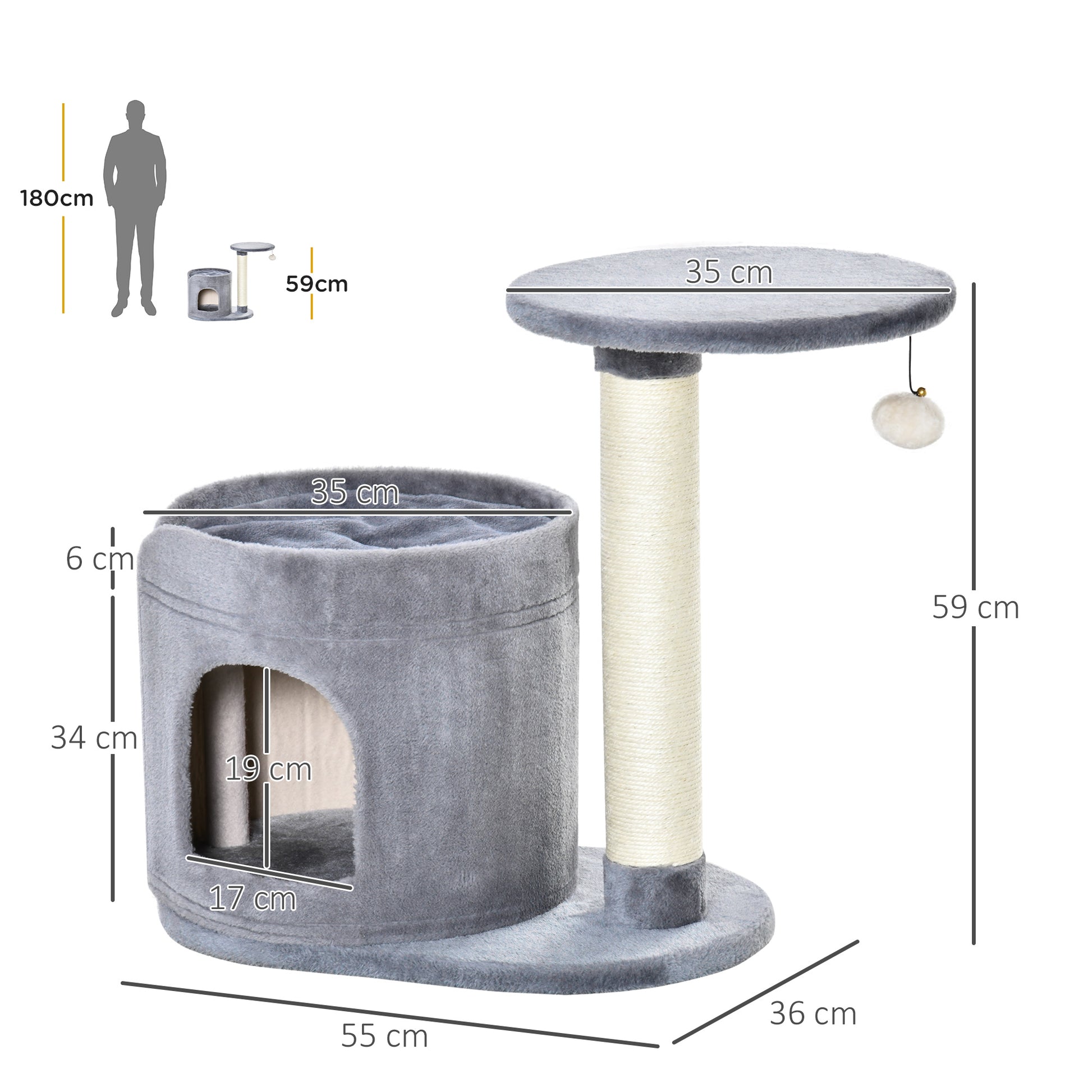 Pawhut Árbol Rascador Para Gatos Altura 59 Cm Con Cueva Poste De Sisal Y Bola_2