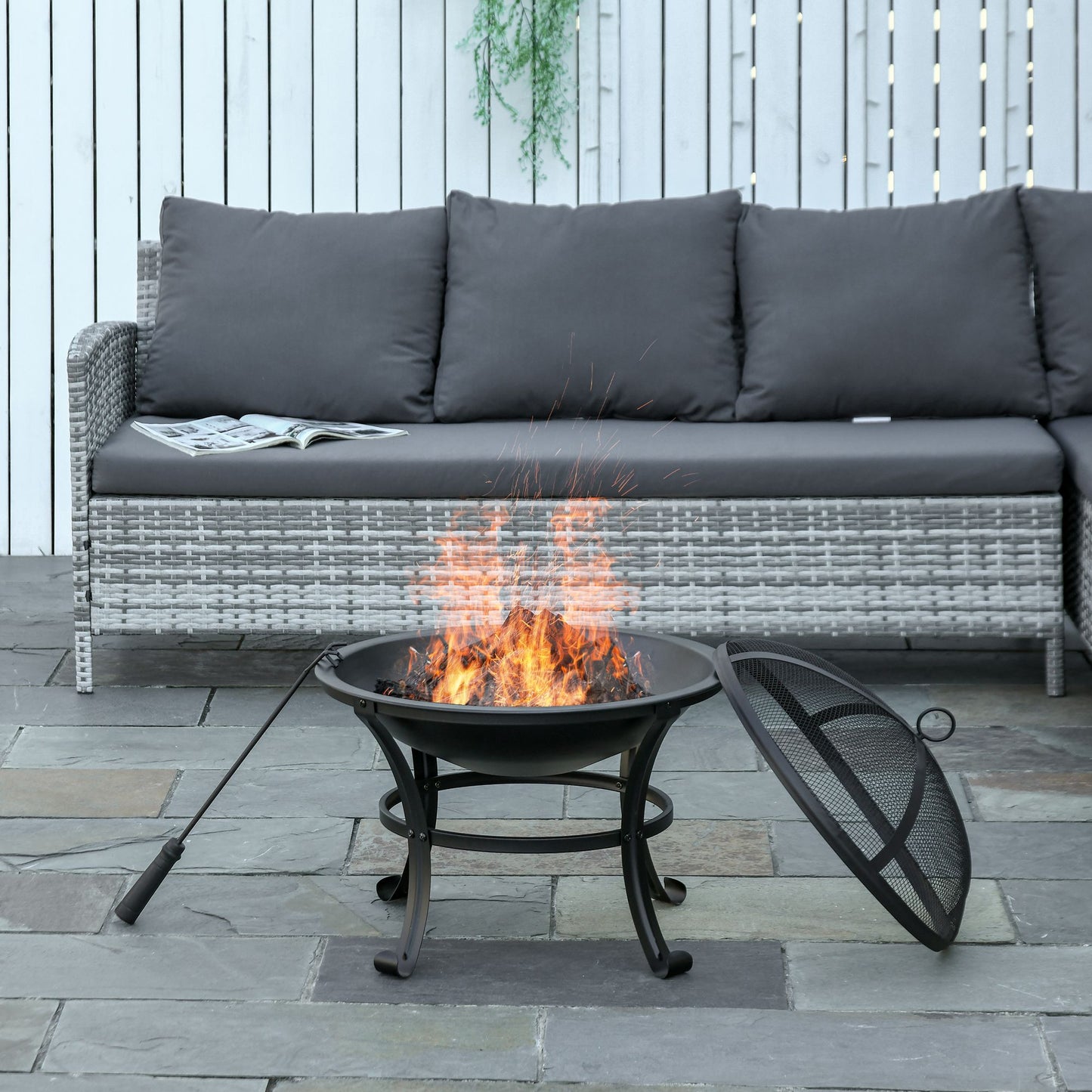 Outsunny Brasero Exterior Ø56 Cm Con Tapa Protectora Contra Chispas Y Atizador_1