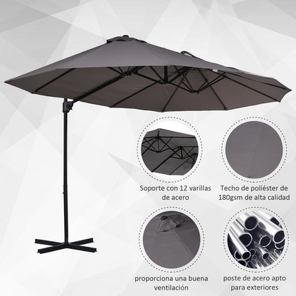 Outsunny Parasol De Jardín Doble Con Manivela 270x445x260 Cm Gris_5