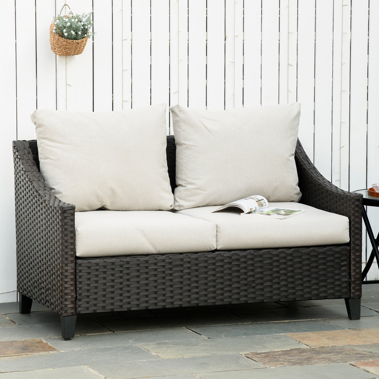 Outsunny Sofá De Ratán 2 Plazas Jardín Con Cojines Acolchados 132x70x74cm Marrón_1