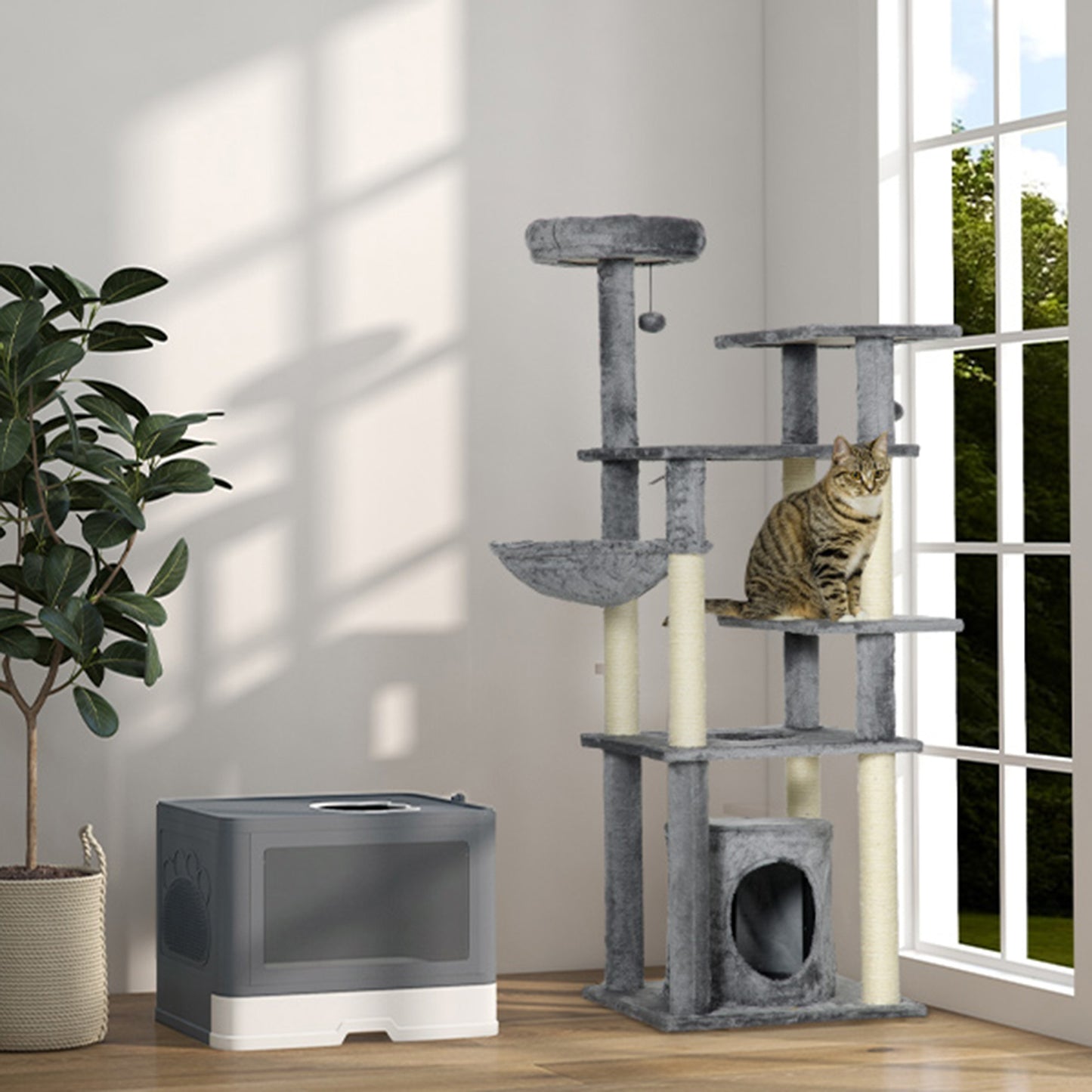Pawhut Árbol Rascador Para Gatos Grande De 144 Cm Con Postes 49x49x144 Cm Gris_4