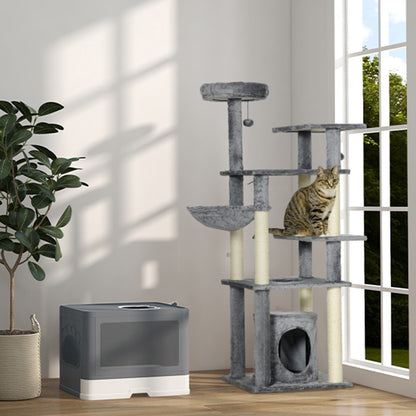 Pawhut Árbol Rascador Para Gatos Grande De 144 Cm Con Postes 49x49x144 Cm Gris_4