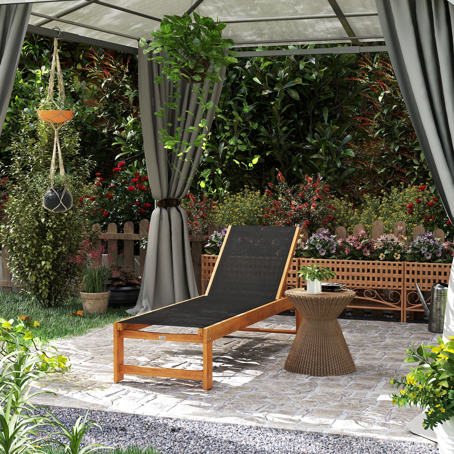 Outsunny Tumbona De Madera De Acacia Con Ruedas Respaldo Ajustable Negro_1