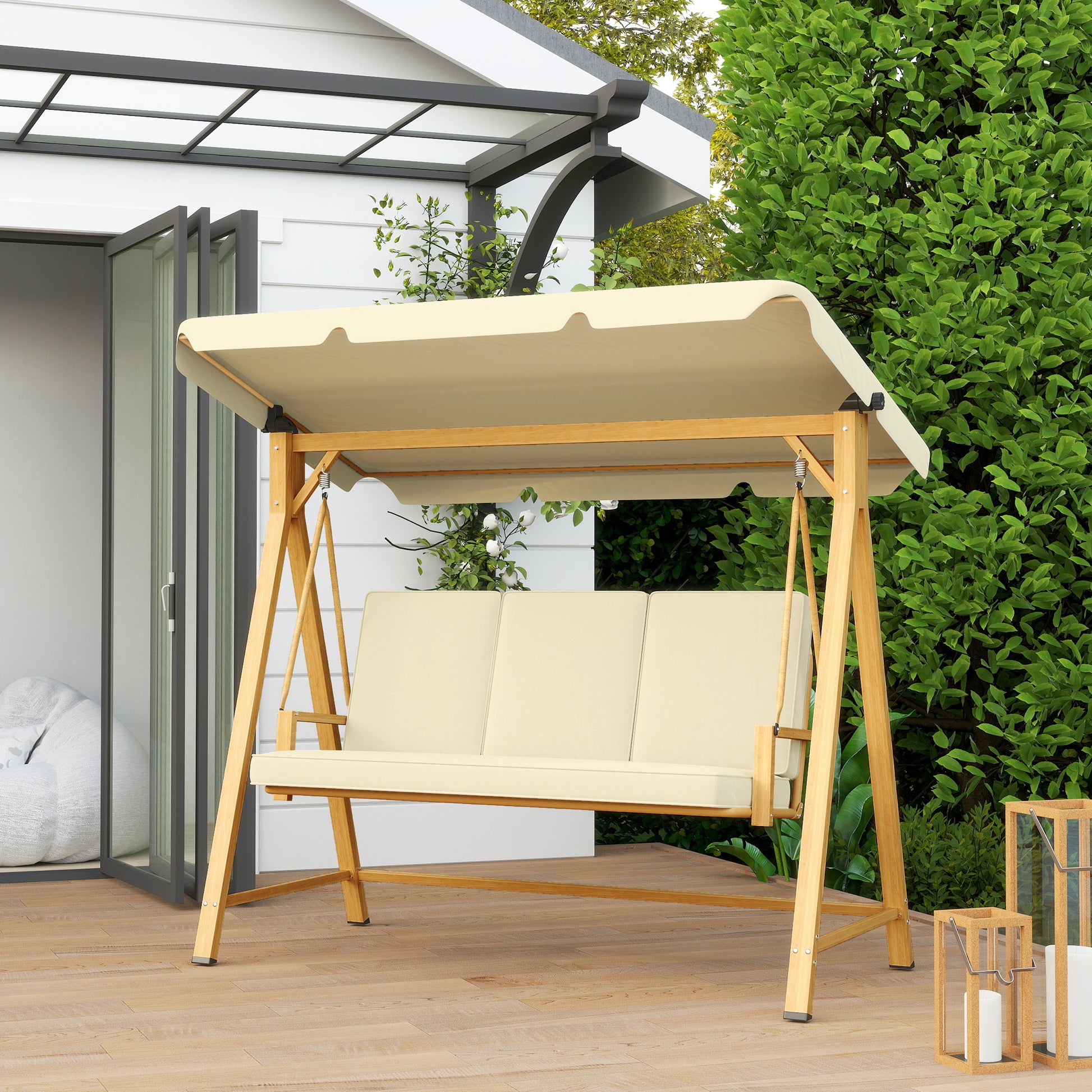 Outsunny Columpio De Jardín Exterior De 3 Plazas Con Toldo Ajustable Beige_3