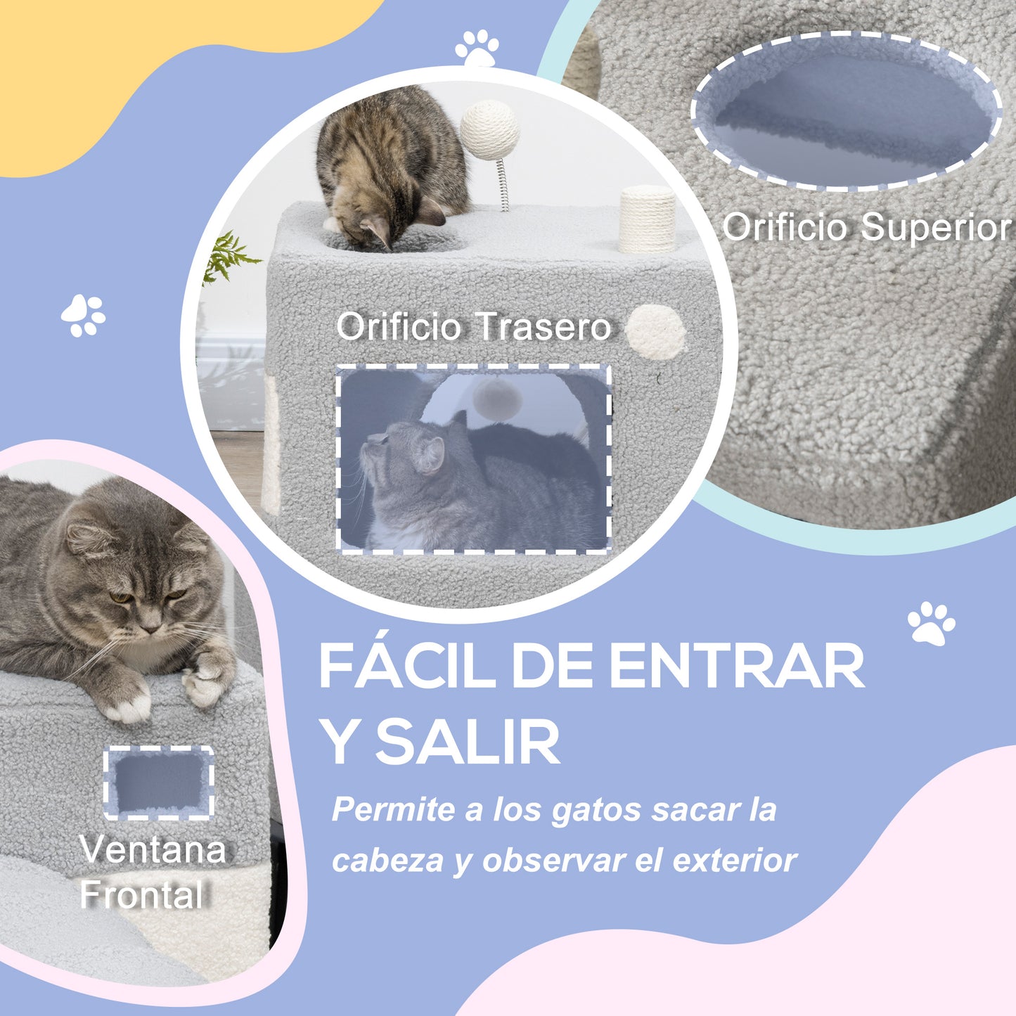 Pawhut Túnel Para Gatos Con Cueva Puerta Delantera Poste Sisal Bola 48x95x58 Cm_5