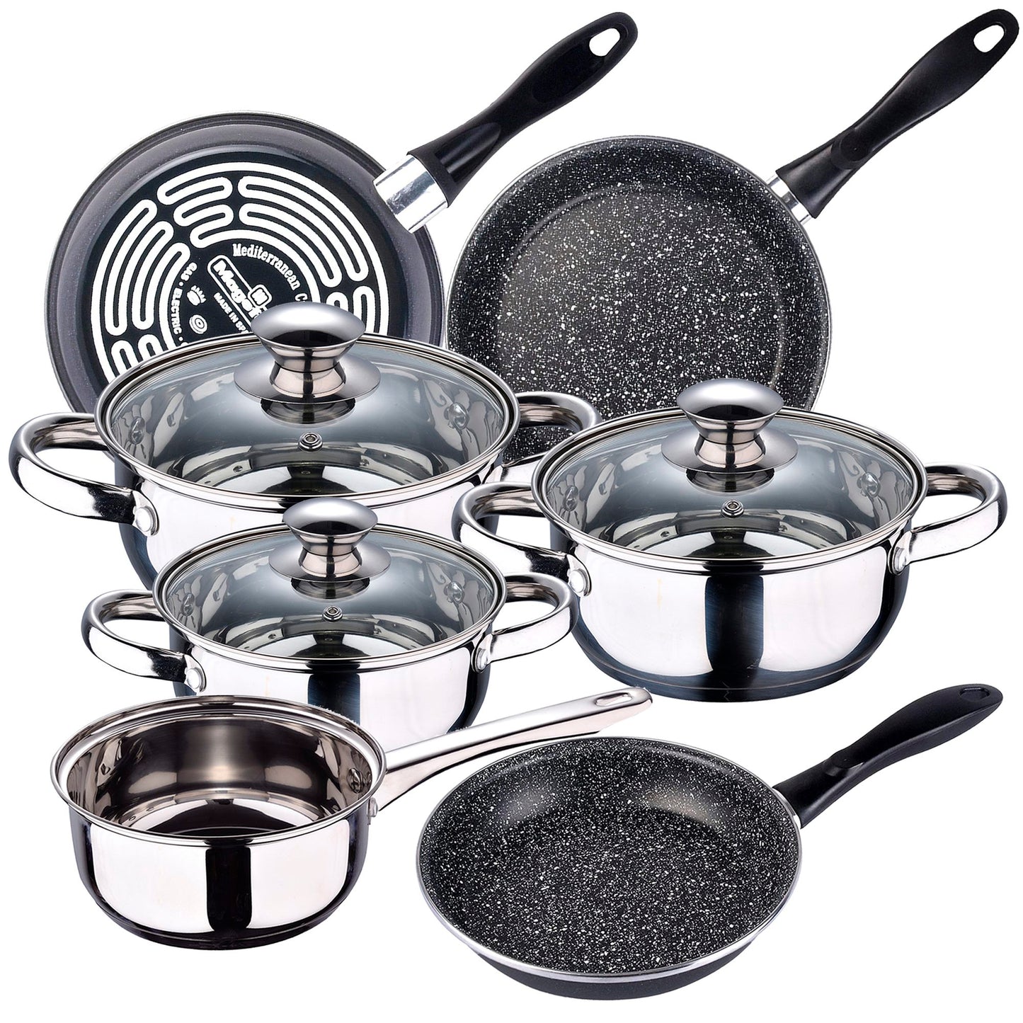 Bateria De Cocina 7 Piezas San Ignacio Faro De Acero Inoxidable Con Juego De Sartenes (18/20/24 Cm) Magefesa K2 Gransasso En Acero Esmaltado