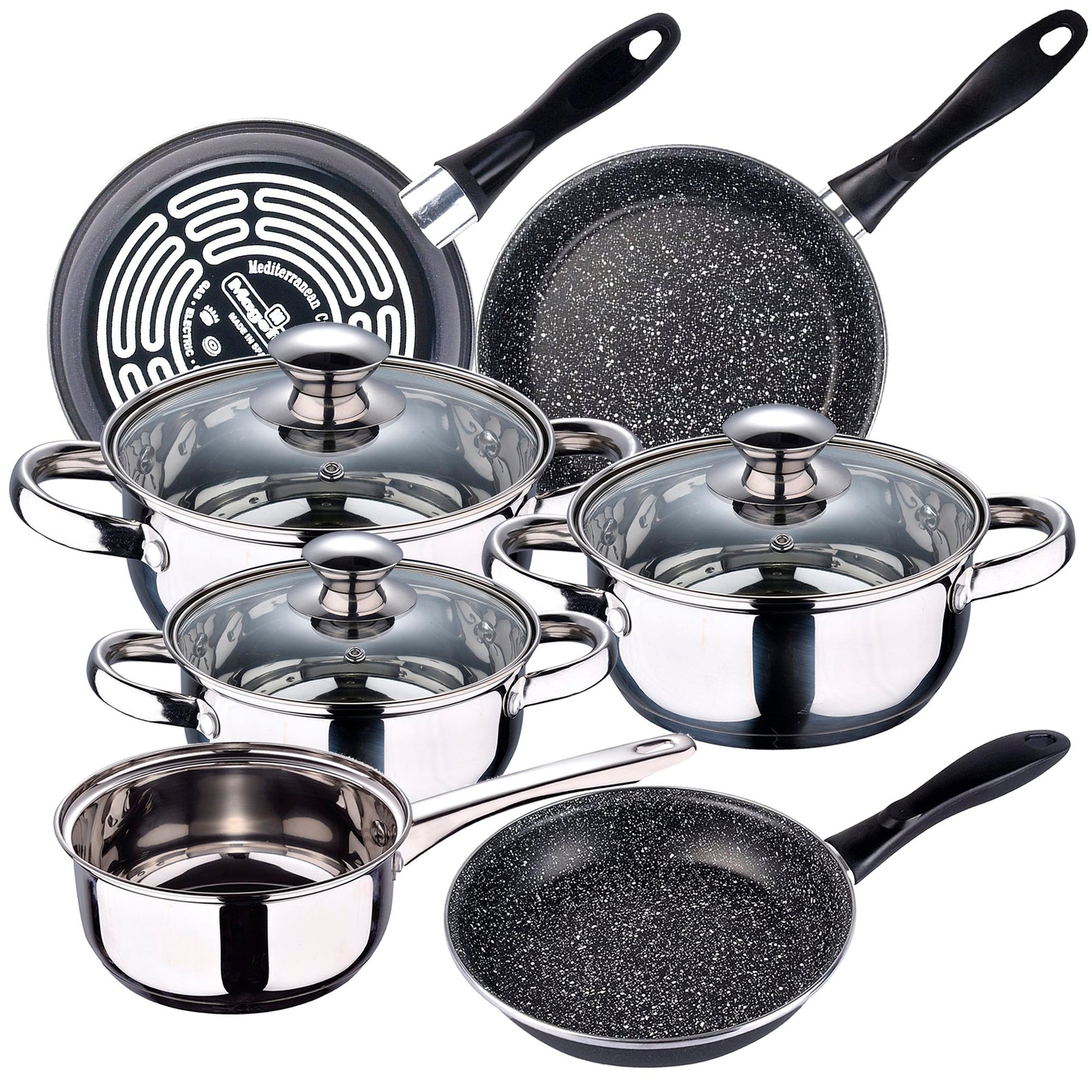 Bateria De Cocina 7 Piezas San Ignacio Faro De Acero Inoxidable Con Juego De Sartenes (18/20/24 Cm) Magefesa K2 Gransasso En Acero Esmaltado