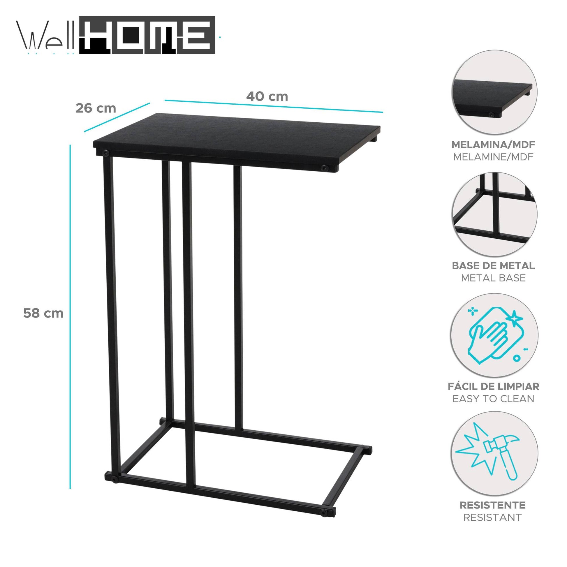 Well Home Mesa Auxiliar De Metal Con Tablero Mdf En Color Negro_1