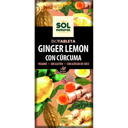Chocolate vegan com gengibre, limão e curcuma biológica da Sol Natural 70 g