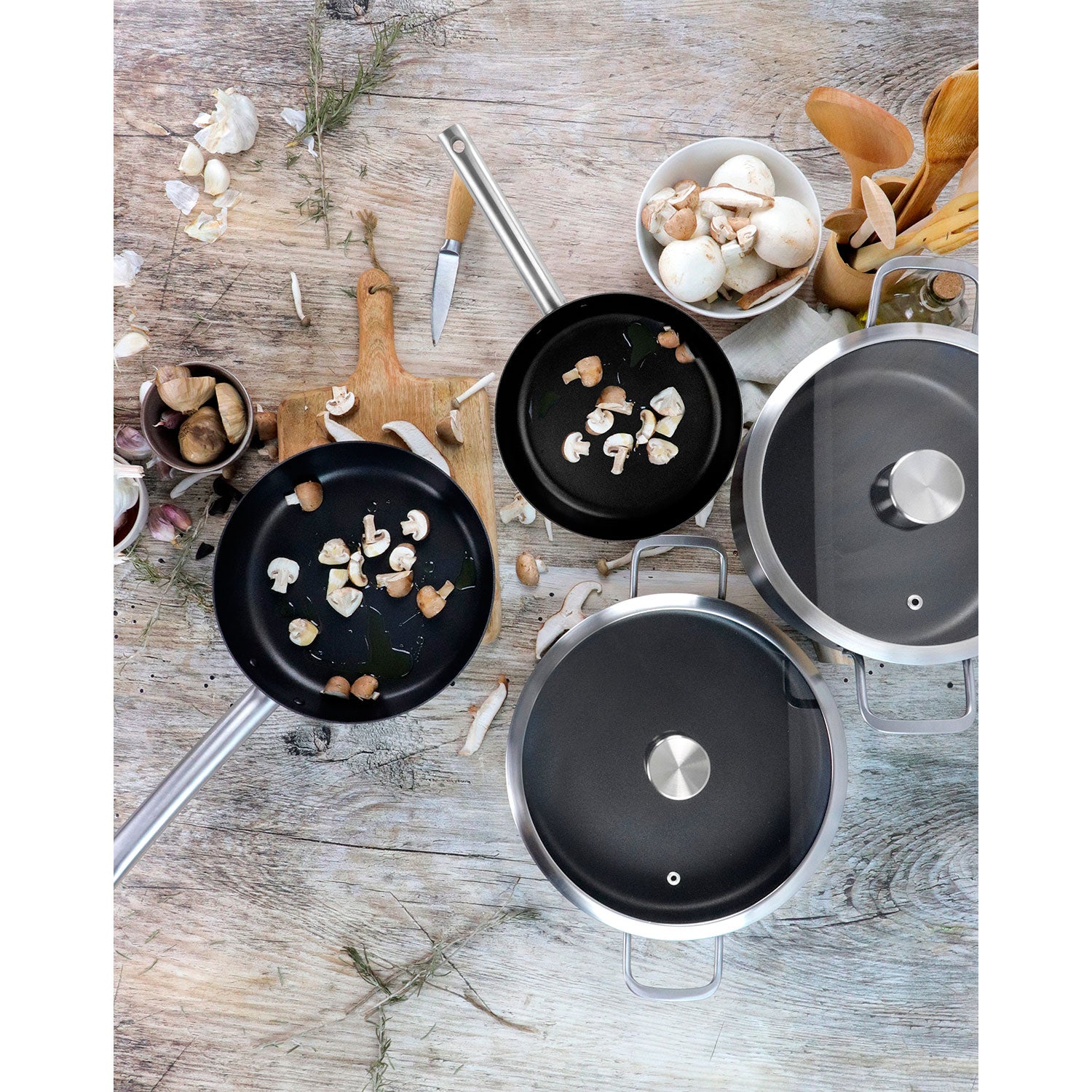 Batería Cocina Inducción 6 Piezas, Antiadherente Libre Pfoa Exterior Negro Mate Retro Vintage Magefesa Ares, Negro_3